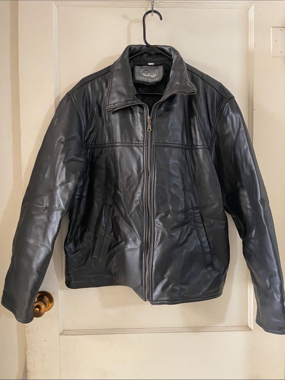 Men's Black Leather Bomber Jacket with Zip Front